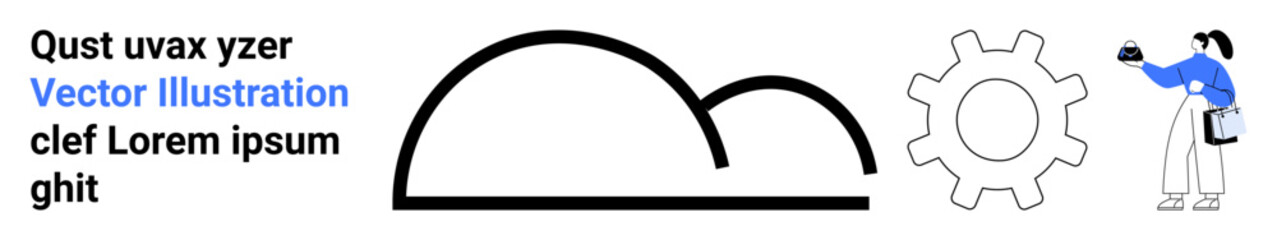 Minimalist cloud icon, large gear shape, and a person with tools adjusting or fixing components. Ideal for technology, cloud computing, maintenance, innovation, data, workflow automation flat