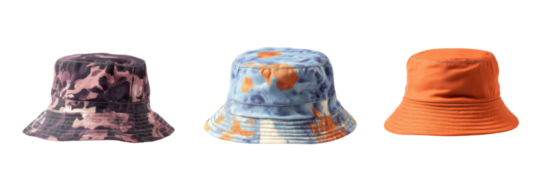 Three colorful patterned bucket hats in pink, blue, and orange on clear background png