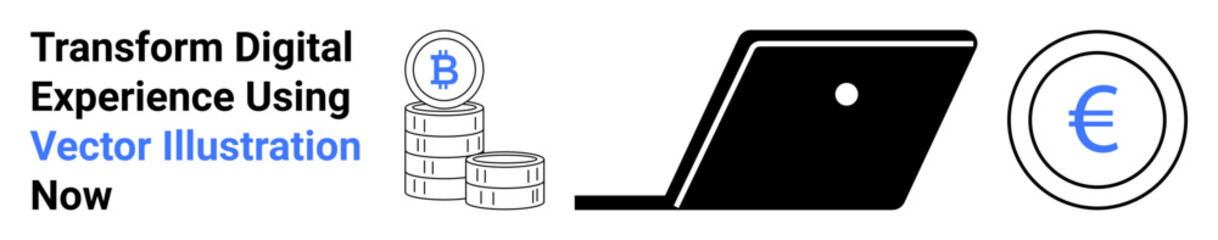 Coins stacked with Bitcoin logo, laptop for online trading, Euro coin signifying global financial exchange. Ideal for fintech, investments, trade, digital economy, blockchain, currencies abstract