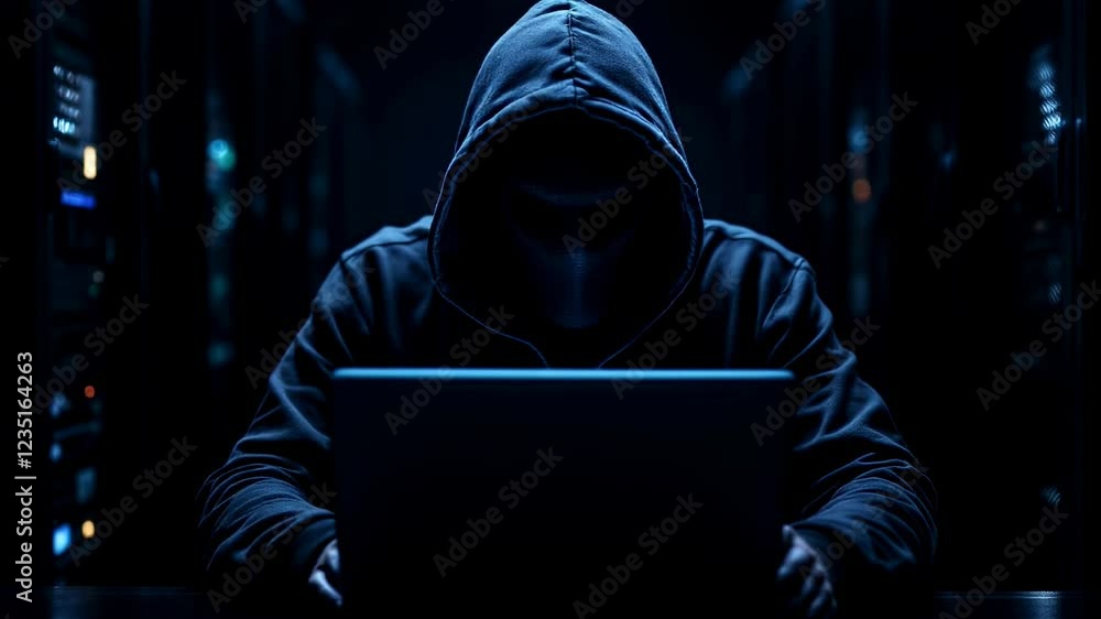 Poster mysterious hacker in dark hoodie working on laptop at night. cybercrime and digital security threat 