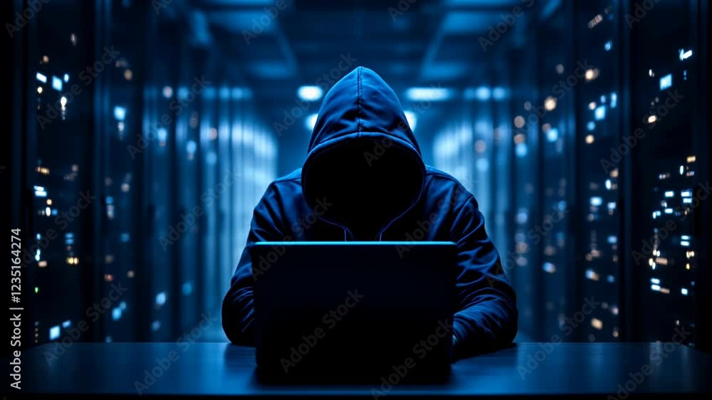 Poster mysterious hooded figure using laptop in dark data center corridor. cybersecurity threat, hacking co