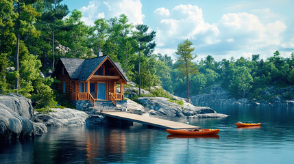 Obraz premium Discover a Charming and Inviting Lakeside Cabin Retreat Enveloped by Lush Green Forest
