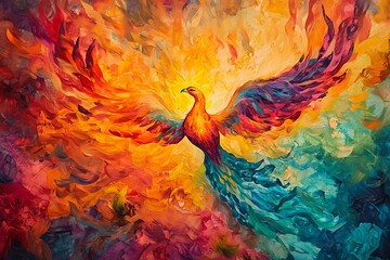 A beautiful phoenix rising amidst vibrant, glowing flames; mythical and powerful.