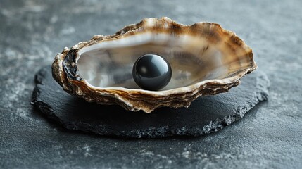 An open oyster shell with a black pearl on a gray surface. 