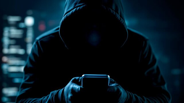 Mysterious hooded hacker silhouette using mobile phone in dark room with glowing screens. Cybercrime and digital security threat concept for poster, banner and presentation with copy space