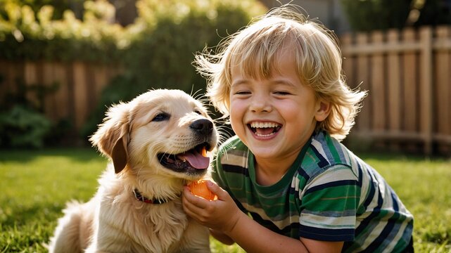 Joyful moments of a young child playing with a cheerful puppy in a sunny backyard surrounded by greenery and a wooden fence, capturing the essence of childhood happiness