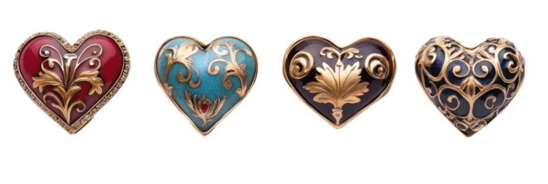 Set of four ornate heart-shaped brooches with gold detailing on vibrant backgrounds png