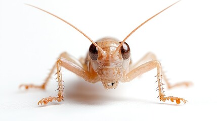 Close-up light brown grasshopper, white background