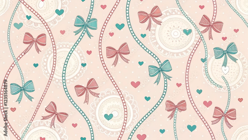 Poster a charming and whimsical pattern featuring an array of pastel-colored bows, hearts