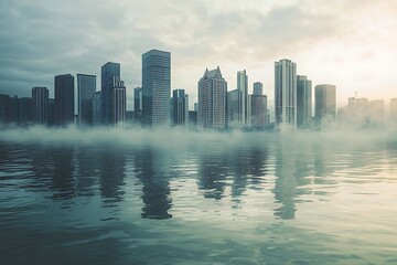 Fototapeta premium A city skyline partially submerged in water after a catastrophic flood, visualizing urban vulnerability