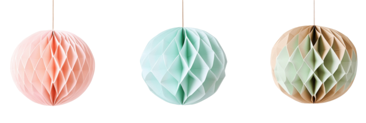 Pastel colored hanging paper lanterns with geometric patterns for home decoration png