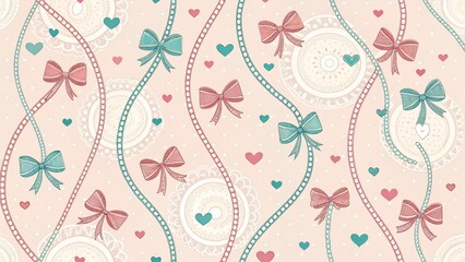 A charming and whimsical pattern featuring an array of pastel-colored bows, hearts