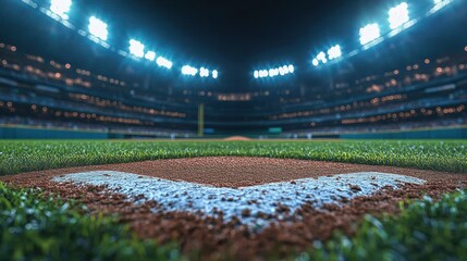 Baseball diamond at night, stadium lights, filled stands, game action