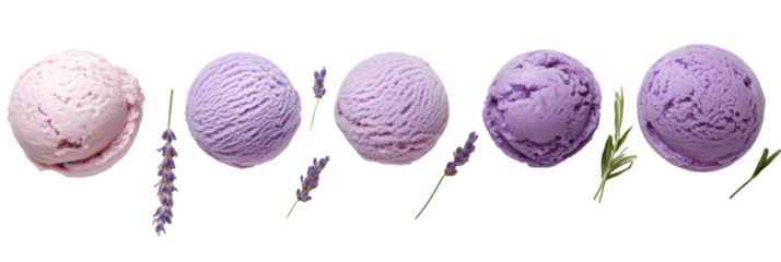 Lavender and berry ice cream scoops with sprigs displayed in a row png