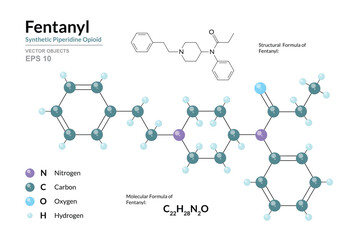 Fentanyl. Structural Chemical Formula and 3d Model of Molecule. C22H28N2O. Atoms with Color Coding. Vector graphic Illustration for educational materials, scientific articles, and presentations