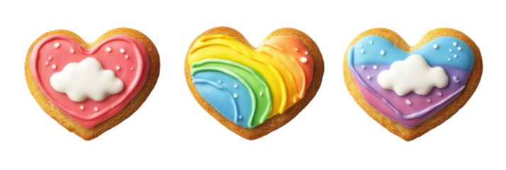 Heart-shaped cookies with colorful icing featuring clouds and rainbow designs png