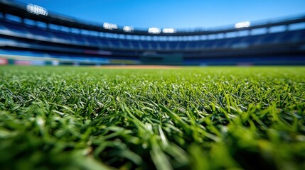 Baseball field grass, stadium, empty, sunny day, promotional