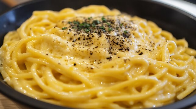 Serving of spaghetti cacio e pepe creamy cheese black pepper sauce