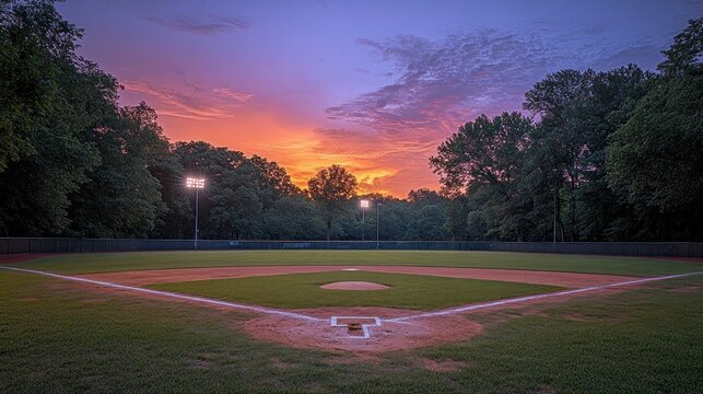 Baseball field at sunset, park, dramatic sky