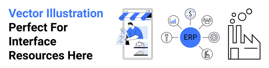 Smartphone with e-commerce elements, ERP system nodes connecting data, key finance and industry icons. Ideal for business, technology, workflow, management, productivity, automation flat landing