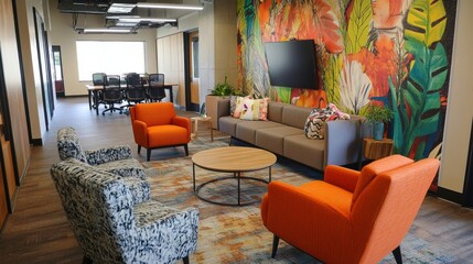 A modern office space with a tropical theme.