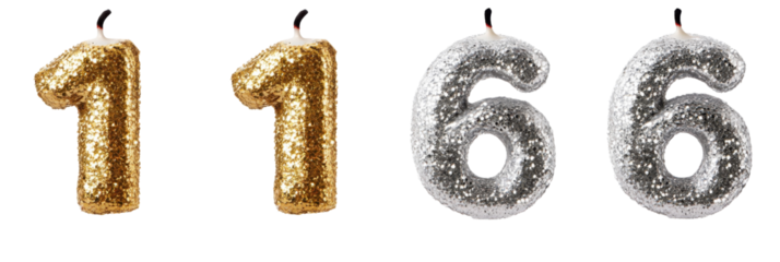 Glittering gold and silver number candles 1166 for celebrations and events png