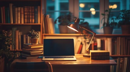 A wooden desk with a laptop, books, and a lamp.