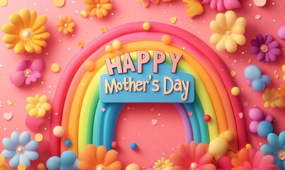 Naklejka premium Colorful 3d rendering of a rainbow with the words happy mother's day surrounded by flowers on a pink background