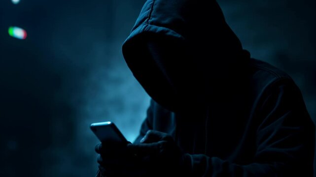 Mysterious hooded figure in dark using smartphone. Silhouette against blue background. Cybersecurity threat, hacking, anonymous criminal concept for digital safety awareness with copy space