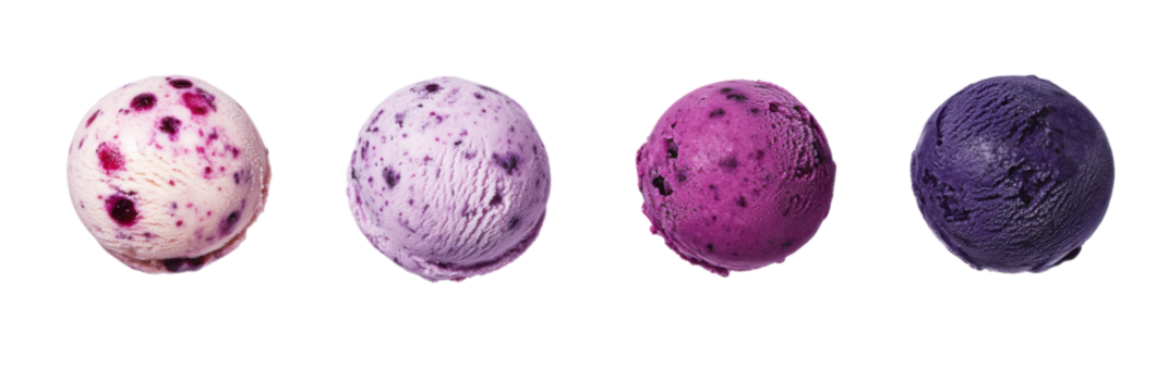 Four varieties of berry-flavored ice cream scoops in gradient colors png