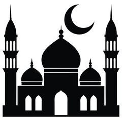 Mosque Silhouette with Crescent Moon on White