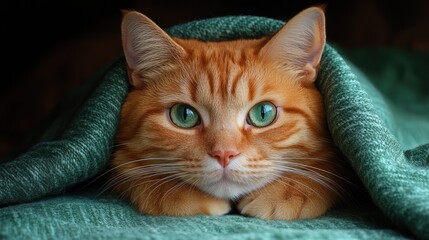Orange cat nestled under teal blanket, dark background