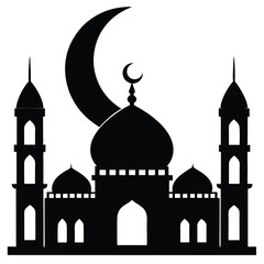 Mosque Silhouette with Crescent Moon on White