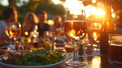Outdoor dining, friends, enjoying wine, sunset