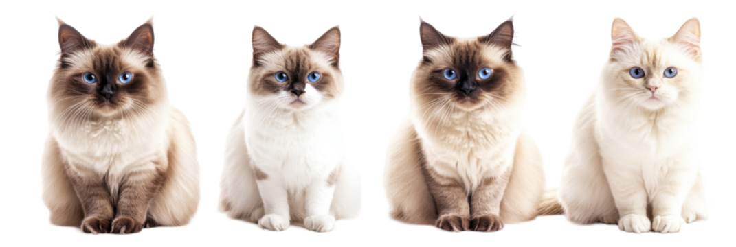 Four fluffy ragdoll cats with blue eyes sitting in a row png