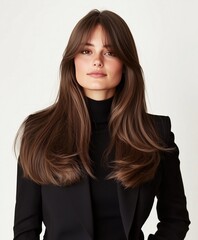 Fototapeta premium A female model showcasing a long hair in butterfly haircut with curtain bangs