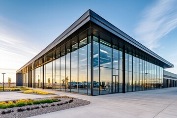 Obraz premium Modern office building under construction featuring metal profiles and glass walls