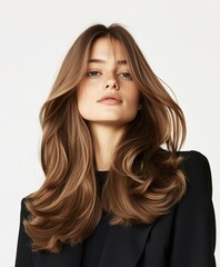 Obraz premium A female model showcasing a long hair in butterfly haircut with curtain bangs