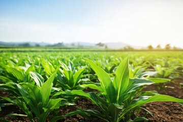 Fototapeta premium Farmers are actively working on organic farming methods, nurturing crops in a vibrant, green landscape with sunlight illuminating the fields