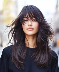 Obraz premium A female model showcasing a long hair in butterfly haircut with curtain bangs