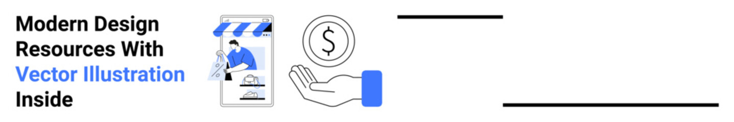 Hand holding coin next to a digital storefront and a resource card. Ideal for e-commerce, digital payments, financial apps, online shopping, financial services, marketing, flat landing page banner