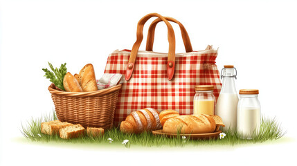 Picnic Basket with Bread, Pastries, and Milk Bottles on Grass