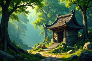 Fototapeta premium Forest trees surrounding a small stone temple, foliage, wooden