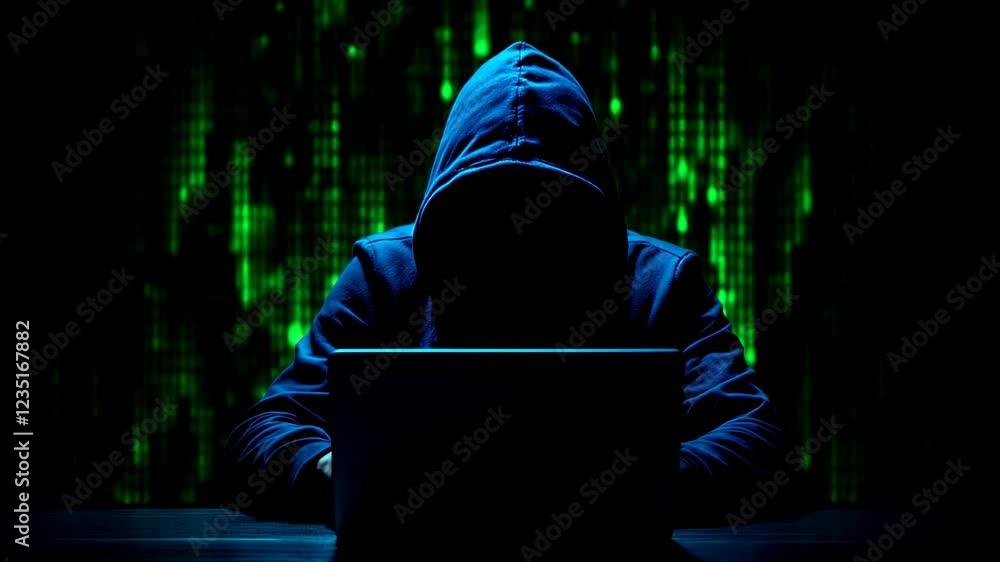 Poster male hacker in blue hoodie working on laptop with digital matrix code animation in dark room. cybers