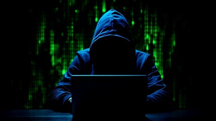 Male hacker in blue hoodie working on laptop with digital matrix code animation in dark room. Cybersecurity threat concept for cyber attack prevention with copy space - Powered by Adobe