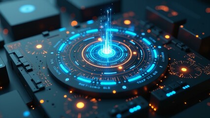 A quantum computer's interface is surrounded by complex data clusters in a high-tech lab.