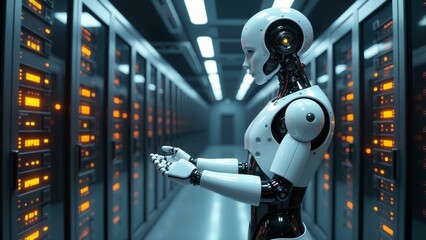 Fototapeta premium A humanoid robot works in a sleek, futuristic server room with minimalist design.