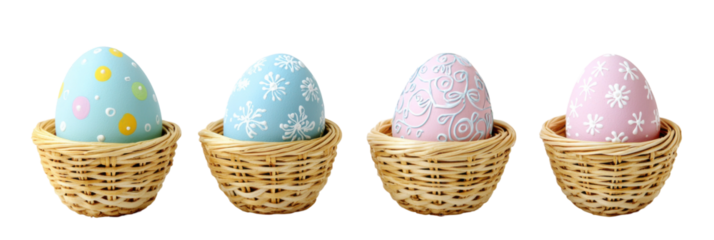 Decorative easter eggs in woven baskets with pastel designs png