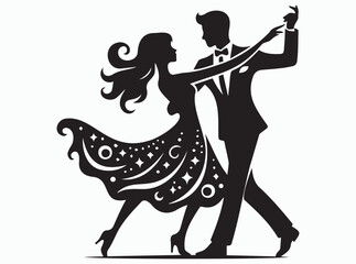 Romantic Dance Couple Silhouette Elegant Ballroom Waltz Vector Illustration with Floral and Butterfly Design