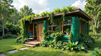 A vibrant, lush vertical garden constructed from repurposed plastic materials amidst a sustainable community.